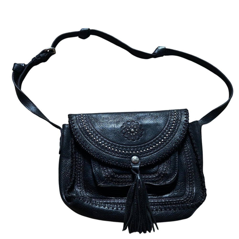 Patricia Nash Black Leather Tooled Tassel Crossbody Saddle Bag - Picture 2 of 6